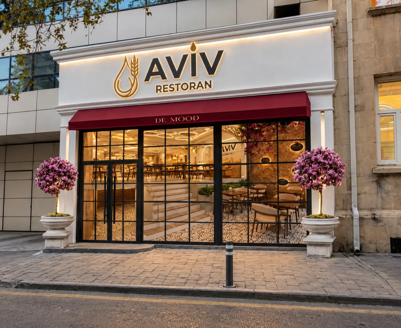 תמונה בעיבוד AI של חזית מסעדת אביב בבאקו: שלט AVIV RESTORAN על חזית לבנה, סוכך בורדו, חלונות במסגרות שחורות ושני עציצי פרחים ורודים