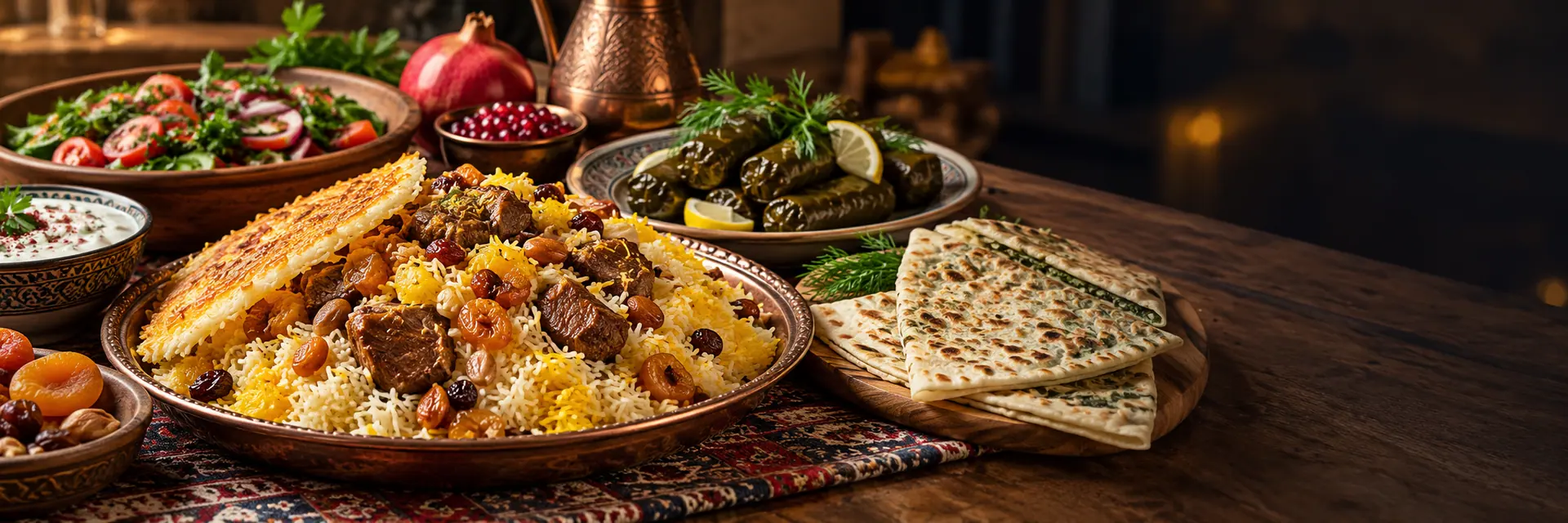 המחשה: שולחן עם אורז, לחם שטוח, עלי גפן וסלטים