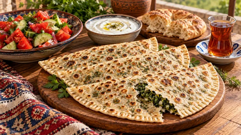 איור AI: קוטאב מקופל במילוי עשבי תיבול על צלחת, לא מנה של מסעדה מסוימת
