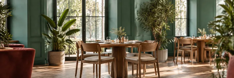 איור AI בהשראת חלל האוכל של Sara Bistro: קירות בגוון ירוק-טורקיז, חלונות גבוהים, שולחנות עץ עגולים, כיסאות וצמחייה, עם נגיעה של ריפוד אדום