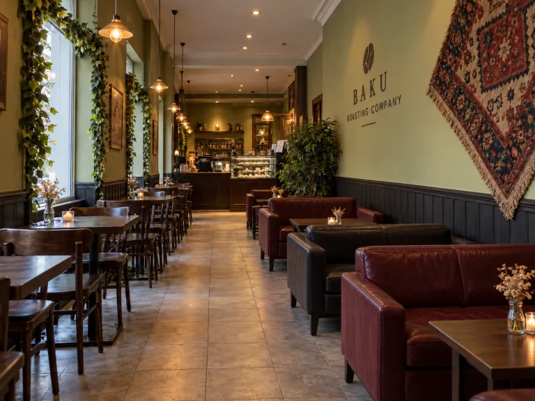 איור AI בהשראת חלל הישיבה של Baku Roasting Company בבאקו: חלונות עם צמחייה, שולחנות, מעבר אריחים וספות לאורך קיר ירוק. המחשה שנוצרה בבינה מלאכותית, לא צילום תיעודי ולא תיאור מאומת של המצב כיום.