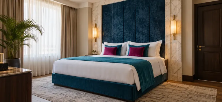 איור AI בהשראת חדר המוצג ברישום של Anatolia Hotel Baku: מיטה לבנה, בסיס וכיסוי מיטה בגוני טורקיז, כריות מג׳נטה, לוח כחול מחוספס, פמוטים, דלת עץ וצמח