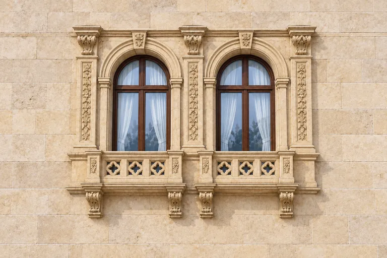 איור AI בהשראת חזית מלון AYF Palace: שני חלונות מקושתים עם מסגרות כהות, אבן בהירה מגולפת, עמודים מעוטרים ומעקת אבן משותף