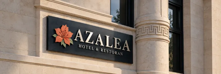 איור AI בהשראת תמונת השלט של Azalea Hotel Baku: הכיתוב AZALEA ו-HOTEL & RESTORAN, סמל פרח, אבן בהירה ועמוד מעוטר