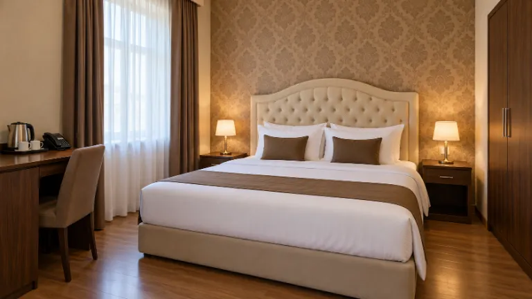 איור AI בהשראת החדר המוצג ברישום Villa Inn בכתובת 125 Ceyhun Hacibeyli: מיטה לבנה, ראש מיטה מרופד, טפט בדוגמה, רצפה במראה עץ, וילון וריהוט עץ כהה
