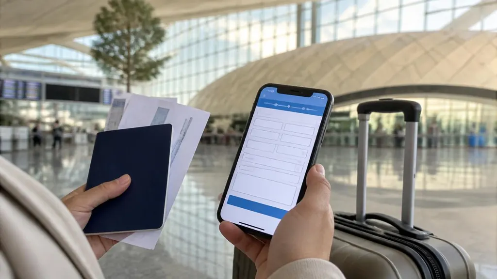 איור AI: יד אוחזת דרכון כהה וכרטיסי טיסה, ויד שנייה טלפון עם טופס מקוון ריק, באולם טרמינל